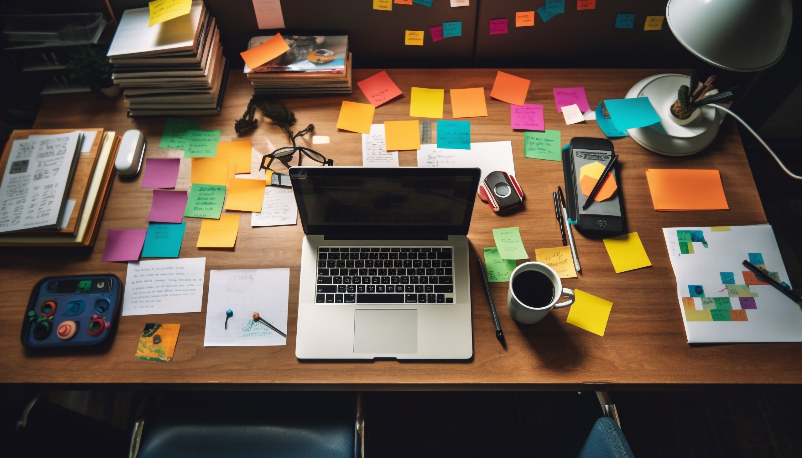 A desk with a computer and colorful Post-it Notes filled with ideas and strategies, signifying a structured approach to overcoming procrastination and writer's block