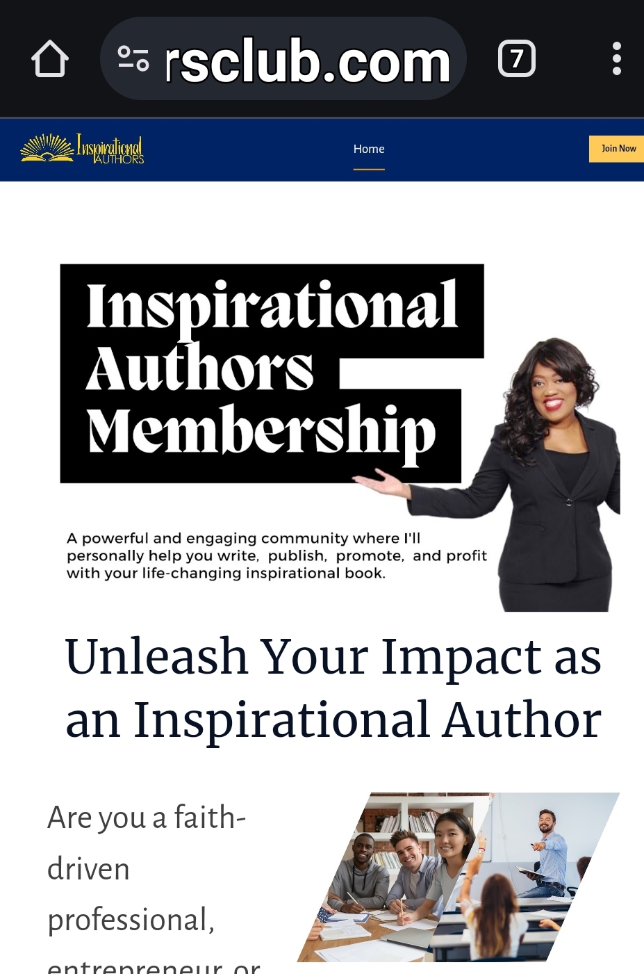 Screenshot of the Inspirational Authors Club homepage, showcasing features of a supportive community aimed at overcoming writer's block and procrastination. 