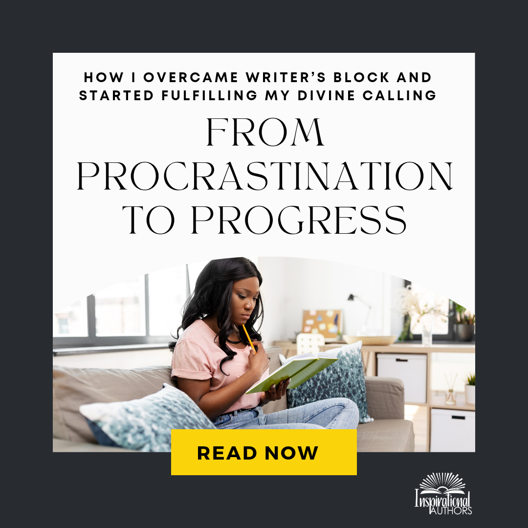 Woman of faith writing an inspirational non-fiction book, symbolizing overcoming procrastination and writer's block with Clarity and community support.