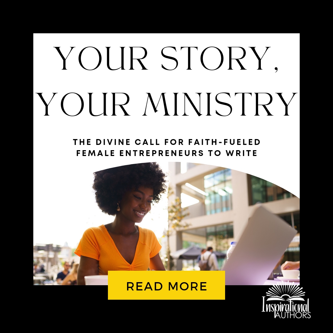 An inspired female entrepreneur, illuminated by the soft light of her desk lamp, pens her book with a spirit of faith and purpose, channeling her entrepreneurial and spiritual journeys into words.